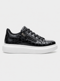 Apollo Moda Men's Aether Noir black crocodile-textured sneaker with white sole, main product photo