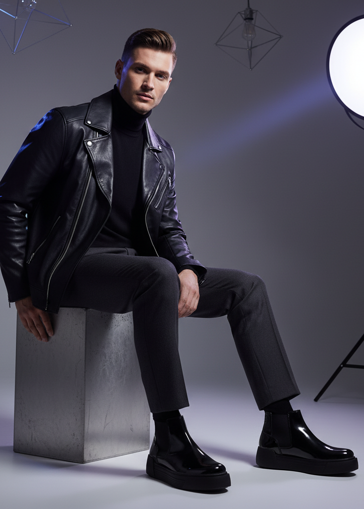 Avalon Patent Onyx Chelsea boot in black patent by Apollo Moda, styled with a leather jacket