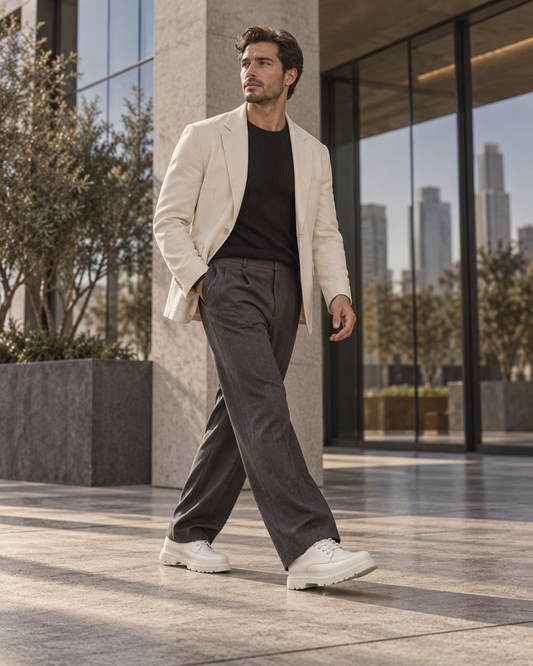 Young professional wearing white Apollo Moda sneakers with charcoal trousers and a cream blazer outside a Los Angeles office