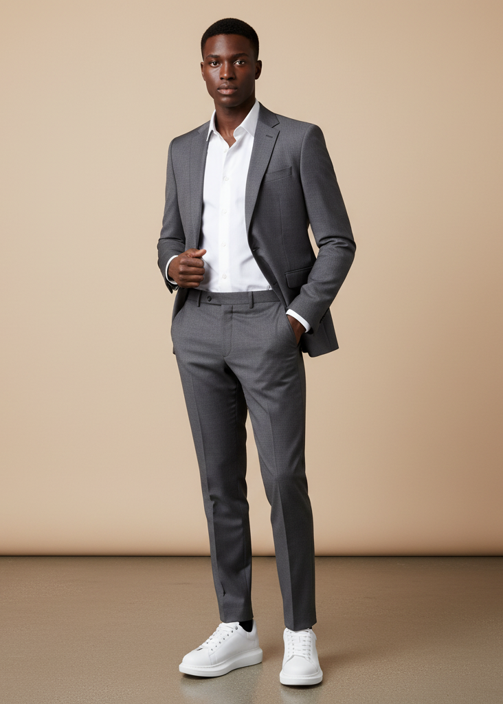 Man wearing a gray suit with a white shirt on a beige background