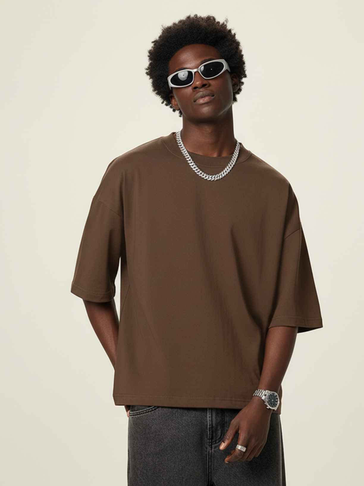 Aero boxy crop tee in brown by Apollo Moda, view 5