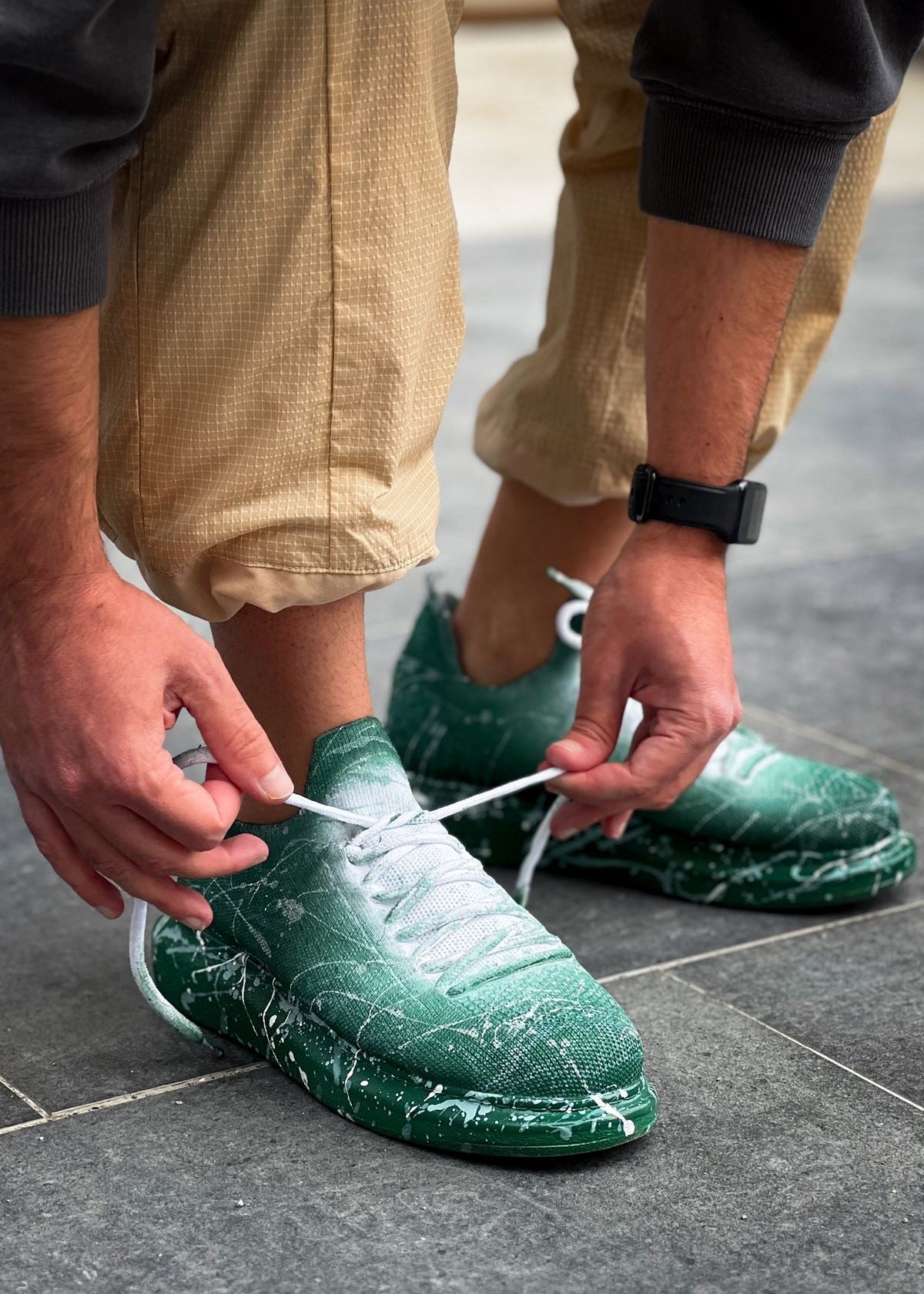 Torino Verdant Surge hand-painted knit sneaker in green by Apollo Moda, view 5